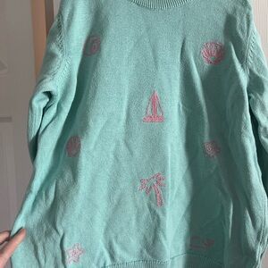 Vineyard Vines Teal Sweater with Pink Nautical Designs
